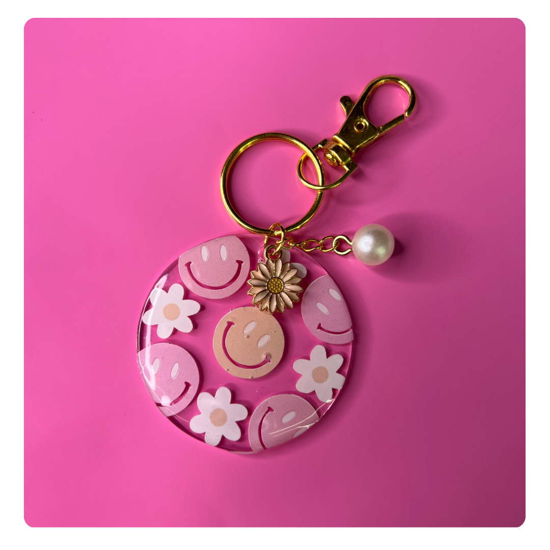 Happy Face & Flowers Acrylic Keychain